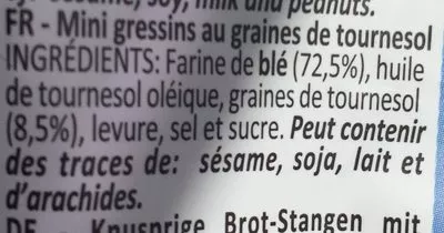 Lista de ingredientes del producto Palitos de pan crujiente con pipas velarte 