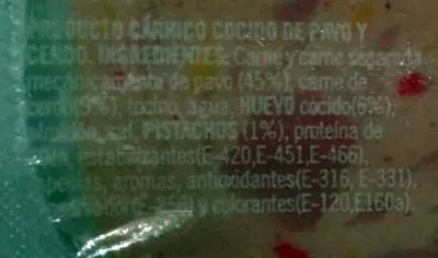 Lista de ingredientes del producto Pavo con huevo y pistachos Serrano 100 g