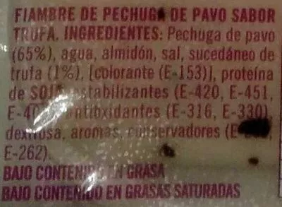 Lista de ingredientes del producto Pechuga de pavo a la trufa negra Serrano 90 g