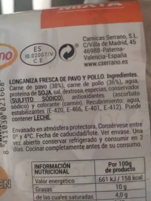 Lista de ingredientes del producto Mixta pavo + pollo  