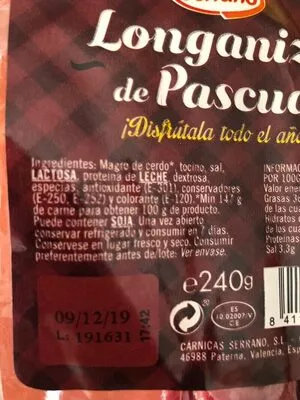 Lista de ingredientes del producto Longaniza de pascua  