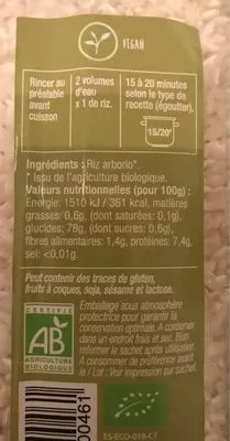 Lista de ingredientes del producto Riz arborio bio Eco Basics 