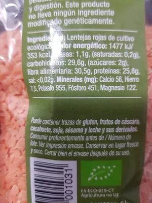 Lista de ingredientes del producto Lentejas rojas Eco Basics 