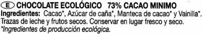 Lista de ingredientes del producto Tableta de chocolate negro 73% cacao Chocolates Solé 100 g