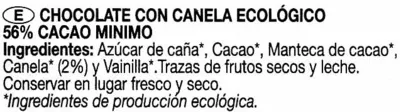 Lista de ingredientes del producto Chocolate negro con canela 56% cacao Chocolates Solé 100 g