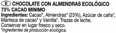 Lista de ingredientes del producto Tableta de chocolate negro con almendras 73% cacao Chocolates Solé 150 g