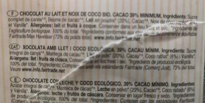 Lista de ingredientes del producto Chocolat au lait et noix de coco Chocolates Solé 