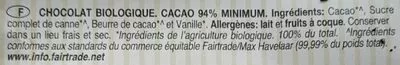 Lista de ingredientes del producto Chocolat noir 94% Chocolates Solé 