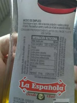 Lista de ingredientes del producto Aceite de oliva suave 0,4º tapón antigoteo La Española 