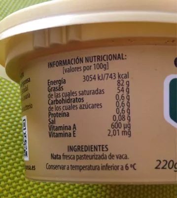 Lista de ingredientes del producto Mantequilla pura de Irlanda Premium La Irlandesa 220 g