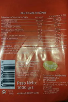 Lista de ingredientes del producto Pan de molde Tamaño Súper paybo 