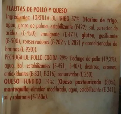 Lista de ingredientes del producto Flautas de pollo y queso mercadona 273 g