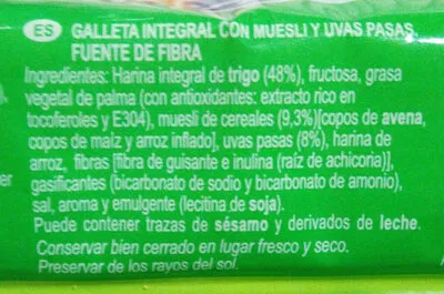 Lista de ingredientes del producto Cookies integrales de muesli con pasas Florbú 185 g