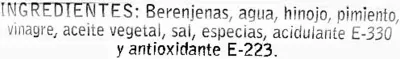 Lista de ingredientes del producto Berenjenas encurtidas embuchadas origen Almagro Antonio 800 g (neto), 350 g (escurrido), 850 ml