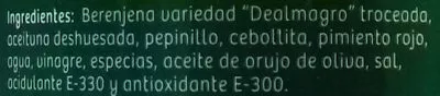 Lista de ingredientes del producto CÓCTEL MANCHEGO con berenjena de Almagro Antonio 320 g escurrido, 550 g neto, 580 ml