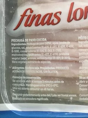 Lista de ingredientes del producto Pechuga de pavo cocida  180 g