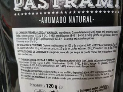 Lista de ingredientes del producto Pastrami Monells 120 g