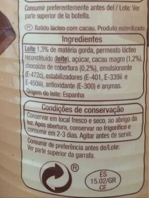 Lista de ingredientes del producto Batido com cacau  