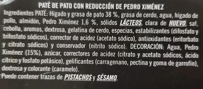 Lista de ingredientes del producto Mousse de pato con reducción de Pedro Ximenez la cuina 190 g