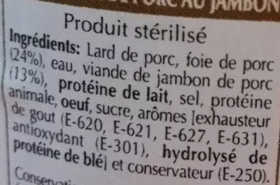 Lista de ingredientes del producto Pâté au jambon Jouriño 125 g