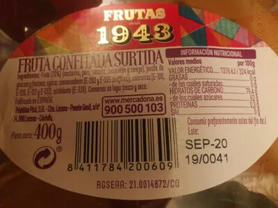 Lista de ingredientes del producto Fruta confitada surtida Frutas desde 1943 