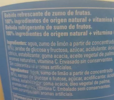 Lista de ingredientes del producto Refresco de limón sin burbujas TriNa 1,5 l