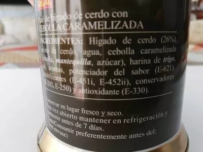 Lista de ingredientes del producto Paté con cebolla caramelizada Argal 200 g