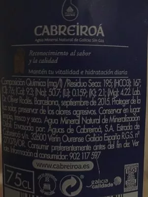 Lista de ingredientes del producto Agua mineral natural con tapón sport Cabreiroa 