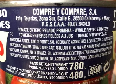 Lista de ingredientes del producto Tomate Celorrio Entero Pelado Celorrio 