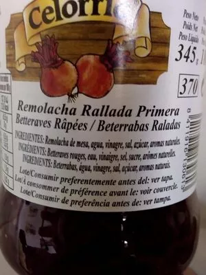 Lista de ingredientes del producto Remolacha Rallada Primera Tarro 1 Celorrio 