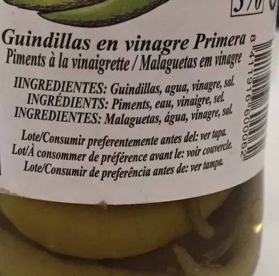 Lista de ingredientes del producto Guindilla En Vinagre Frasco 370GR Celorrio 