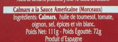 Lista de ingredientes del producto Calamares en salsa americana Miau 111 g