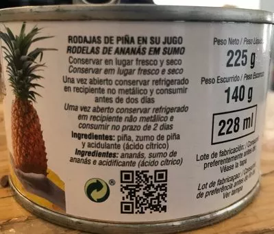 Lista de ingredientes del producto Ananás em sumo Golden 