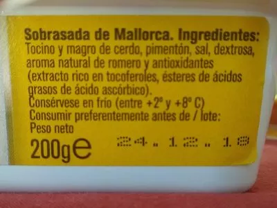 Lista de ingredientes del producto Sobrasada superfina de mallorca sin gluten tarrina El Zagal 200 g