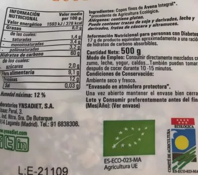 Lista de ingredientes del producto Copos de avena integral baby Hijas del Sol 500 g