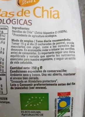 Lista de ingredientes del producto Semillas de chía ecológicas NaturTierra 