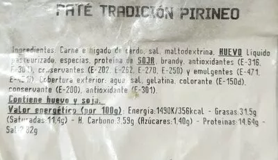 Lista de ingredientes del producto Paté Tradición Pirineo elan 200 g