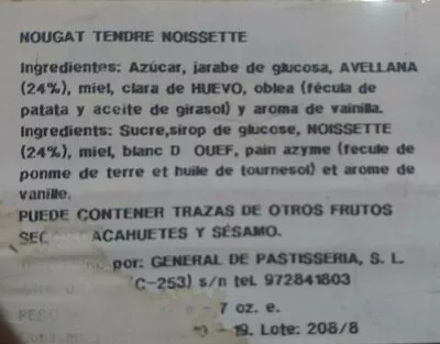 Lista de ingredientes del producto Nougat tendre noisette  