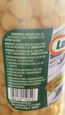 Lista de ingredientes del producto Garbanzos cocidos Lozano 