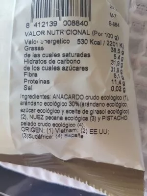 Lista de ingredientes del producto Frutos ecológicos crudos Medina 