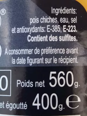 Lista de ingredientes del producto Pois chiches JA'E 560 g (400g égoutté)