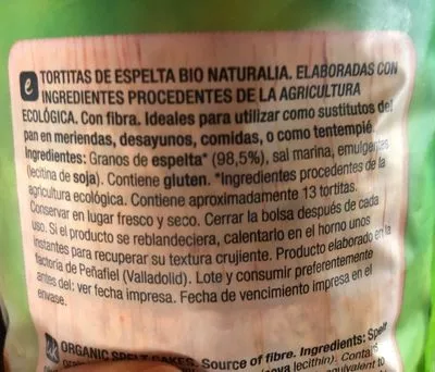 Lista de ingredientes del producto Tortitas de espelta Santiveri 100 g