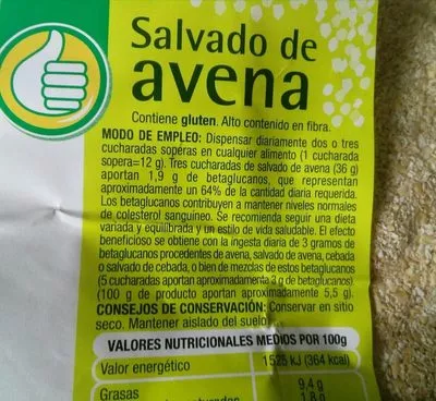 Lista de ingredientes del producto Salvado de avena  500 g