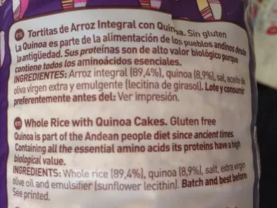 Lista de ingredientes del producto Tortitas de arroz y quinoa sin gluten  