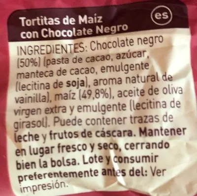 Lista de ingredientes del producto diet tortitas maíz choco negro diet 