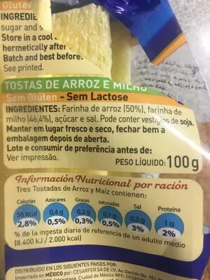 Lista de ingredientes del producto Tostadas de Arroz y Maíz Diet Radisson 100 g