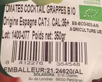 Lista de ingredientes del producto Tomates cocktail grappes bio Bouquet Bio, Bio Savor 350 g