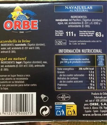 Lista de ingredientes del producto Navajuelas al natural Orbe 111 g