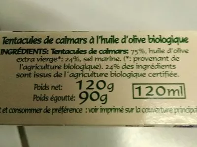 Lista de ingredientes del producto Tentacules de calamars à l'huile d'olive biologique Pain de Mer 120 g