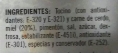 Lista de ingredientes del producto Sobrasada con miel  200 g